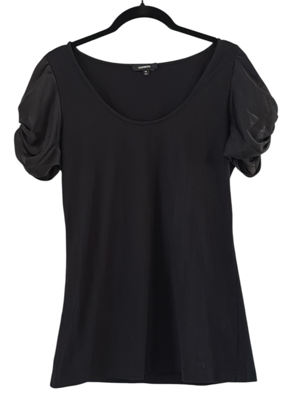 Express Black Scoop Neck Top with Sheer Mesh Puff Sleeves - Size M